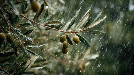 Olive in a storm, heavy rain pouring down, strong winds twisting their leaves