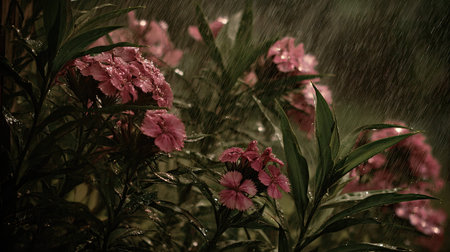 Sweet William in a storm, heavy rain pouring down, strong winds twisting their leaves
