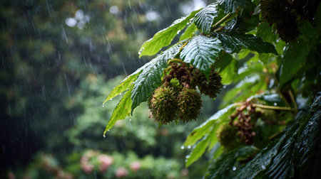 Horse chestnut in a storm, heavy rain pouring down, strong winds twisting their leavesの写真素材