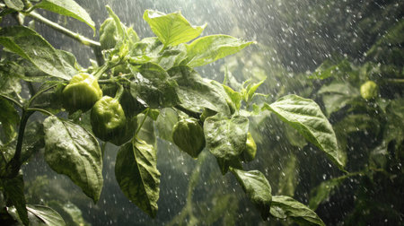 Pepper in a storm, heavy rain pouring down, strong winds twisting their leaves