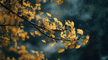 Ginkgo in a storm, heavy rain pouring down, strong winds twisting their leaves