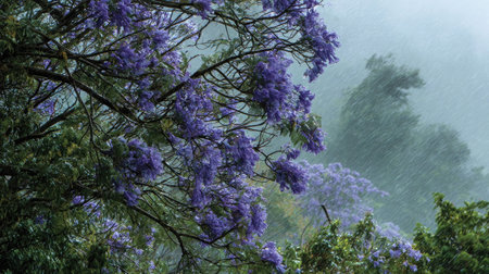 Jacaranda in a storm, heavy rain pouring down, strong winds twisting their leavesの写真素材