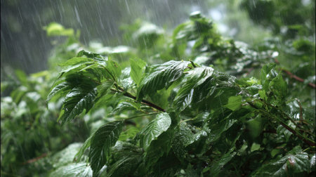 Panax ginseng in a storm, heavy rain pouring down, strong winds twisting their leaves
