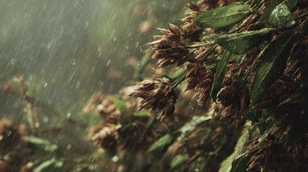 Heavy rain pouring down, strong winds twisting their leaves