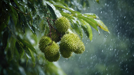 Durian in a storm, heavy rain pouring down, strong winds twisting their leaves
