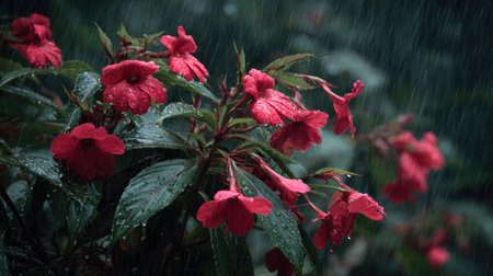 Impatiens in a storm, heavy rain pouring down, strong winds twisting their leaves