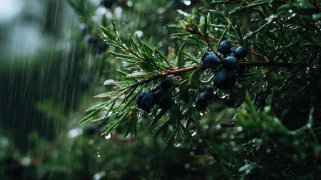 Juniper berry in a storm, heavy rain pouring down, strong winds twisting their leavesの写真素材