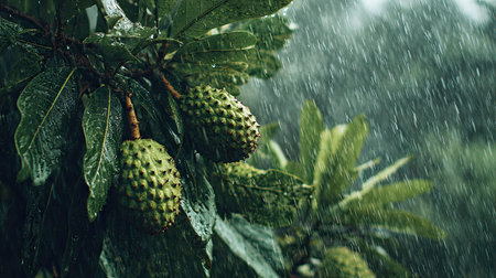 Soursop in a storm, heavy rain pouring down, strong winds twisting their leavesの写真素材