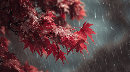 Maple in a storm, heavy rain pouring down, strong winds twisting their leaves