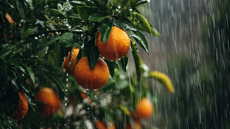 Seville orange in a storm, heavy rain pouring down, strong winds twisting their leavesの写真素材