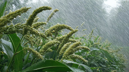 Foxtail millet in a storm, heavy rain pouring down, strong winds twisting their leavesの写真素材