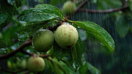 White sapote in a storm, heavy rain pouring down, strong winds twisting their leavesの写真素材