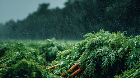 Carrot in a storm, heavy rain pouring down, strong winds twisting their leavesの写真素材