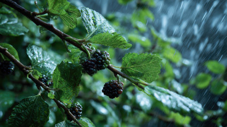 Mulberry black in a storm, heavy rain pouring down, strong winds twisting their leavesの写真素材