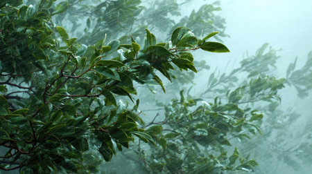 Heavy rain pouring down, strong winds twisting their leaves