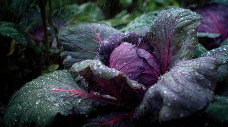 Red cabbage in a storm, heavy rain pouring down, strong winds twisting their leaves