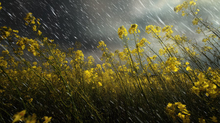 Rapeseed in a storm, heavy rain pouring down, strong winds twisting their leaves