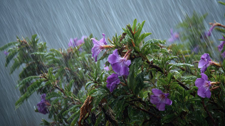 Tibouchina in a storm, heavy rain pouring down, strong winds twisting their leavesの写真素材