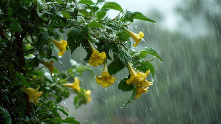 Thunbergia in a storm, heavy rain pouring down, strong winds twisting their leaves