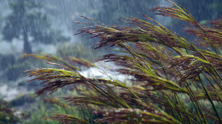 Wild rice in a storm, heavy rain pouring down, strong winds twisting their leaves