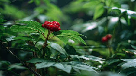 The American ginseng in summer, Bright sunlight pierces dense foliage, the air feels hot, natural...