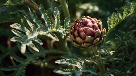 The Artichoke in summer, Bright sunlight pierces dense foliage, the air feels hot, natural colorの写真素材
