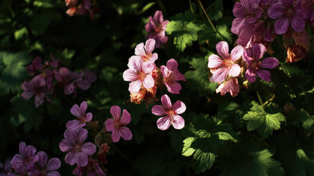 The Geranium in summer, Bright sunlight pierces dense foliage, the air feels hot, natural colorの写真素材