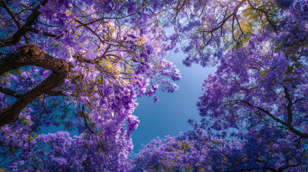 The Jacaranda in summer, Bright sunlight pierces dense foliage, the air feels hot, natural color