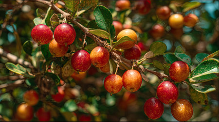 The Camu camu in summer, Bright sunlight pierces dense foliage, the air feels hot, natural color