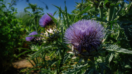The Cardoon in summer, Bright sunlight pierces dense foliage, the air feels hot, natural colorの写真素材