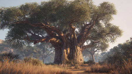 The Baobab in summer, Bright sunlight pierces dense foliage, the air feels hot, natural color