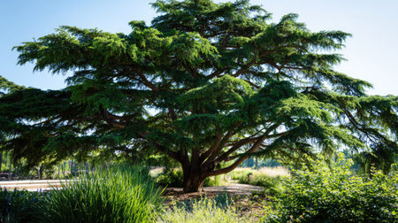 The Atlas cedar in summer, Bright sunlight pierces dense foliage, the air feels hot, natural color