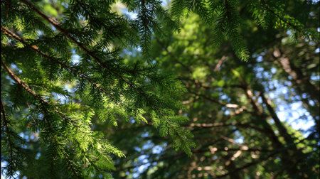 The Douglas fir in summer, Bright sunlight pierces dense foliage, the air feels hot, natural color