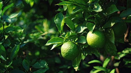 The Citrus tree in summer, Bright sunlight pierces dense foliage, the air feels hot, natural color