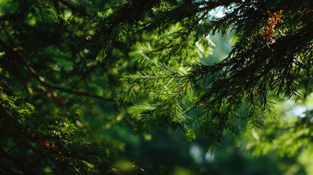The Eastern hemlock in summer, Bright sunlight pierces dense foliage, the air feels hot, natural...