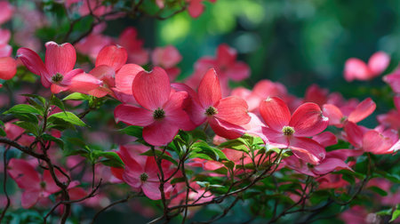 The Flowering dogwood in summer, Bright sunlight pierces dense foliage, the air feels hot, natural...