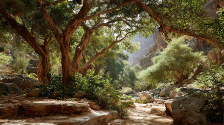 The Frankincense in summer, Bright sunlight pierces dense foliage, the air feels hot, natural color