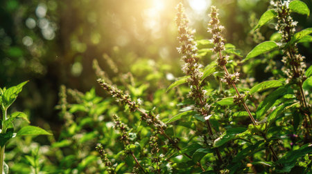 The Holy basil in summer, Bright sunlight pierces dense foliage, the air feels hot, natural colorの写真素材