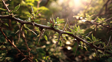 The Crown of thorns in summer, Bright sunlight pierces dense foliage, the air feels hot, natural...