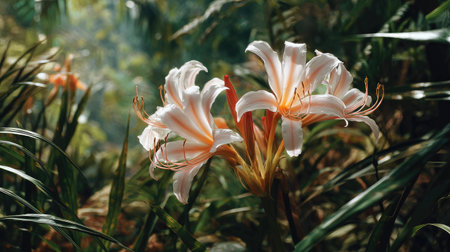 The Crinum in summer, Bright sunlight pierces dense foliage, the air feels hot, natural color