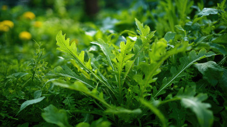 The Dandelion greens in summer, Bright sunlight pierces dense foliage, the air feels hot, natural colorの写真素材