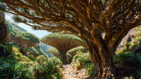 The Dragon tree in summer, Bright sunlight pierces dense foliage, the air feels hot, natural color
