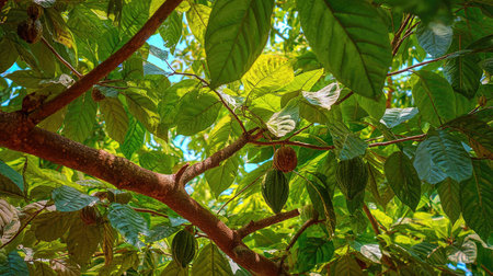 The Cocoa tree in summer, Bright sunlight pierces dense foliage, the air feels hot, natural colorの写真素材