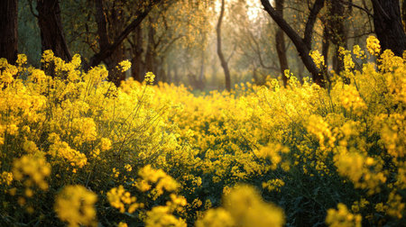 The Rapeseed in summer, Bright sunlight pierces dense foliage, the air feels hot, natural color