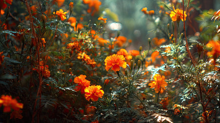 The Marigold in summer, Bright sunlight pierces dense foliage, the air feels hot, natural colorの写真素材