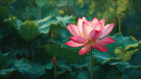 The Lotus in summer, Bright sunlight pierces dense foliage, the air feels hot, natural colorの写真素材