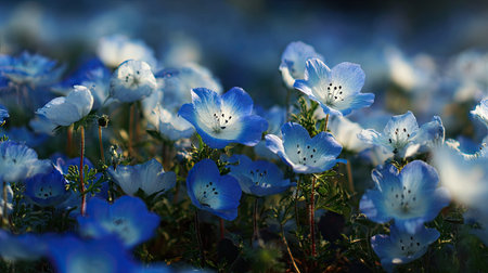 The Nemophila in summer, Bright sunlight pierces dense foliage, the air feels hot, natural colorの写真素材
