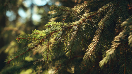 The Norway spruce in summer, Bright sunlight pierces dense foliage, the air feels hot, natural color