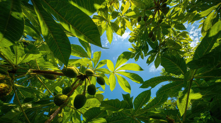 The Pawpaw in summer, Bright sunlight pierces dense foliage, the air feels hot, natural color