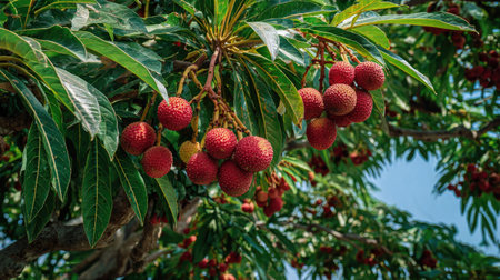 The Pulasan in summer, Bright sunlight pierces dense foliage, the air feels hot, natural colorの写真素材